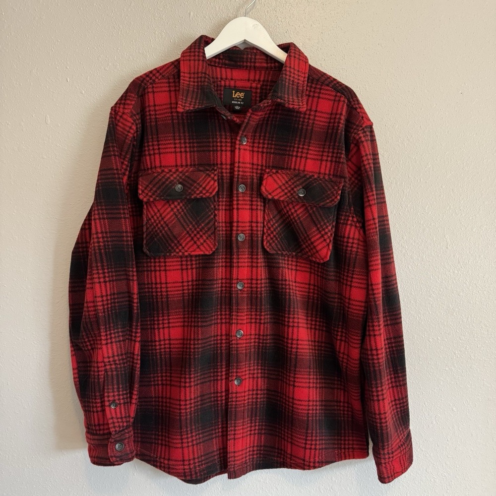 Lee Mens XL Fleece Plaid Shacket‎ Red Black Buffalo Check Jacket Gorpcore Rugged